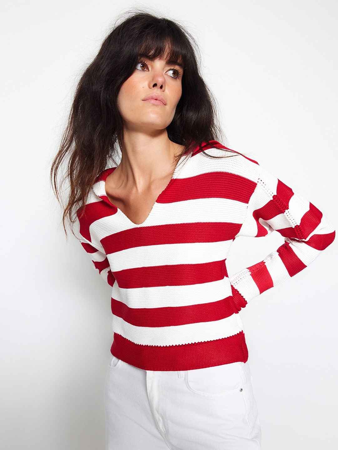 

Trendyol V-Neck Striped Pullover Sweater, Red