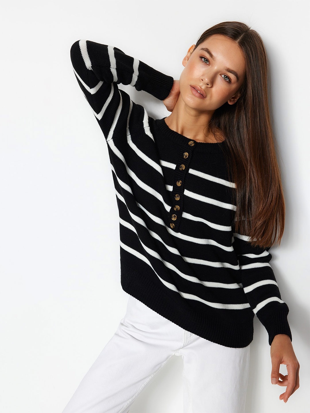 

Trendyol Striped Pullover Acrylic Sweater, Black