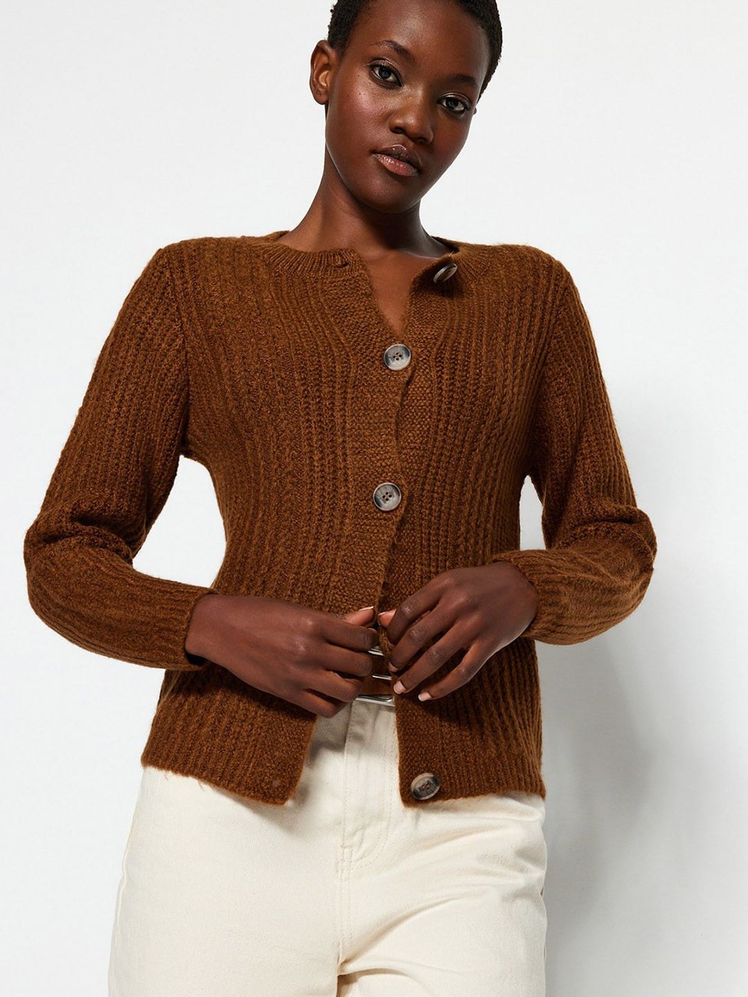 

Trendyol Self Design Cable Knit Cardigan, Brown
