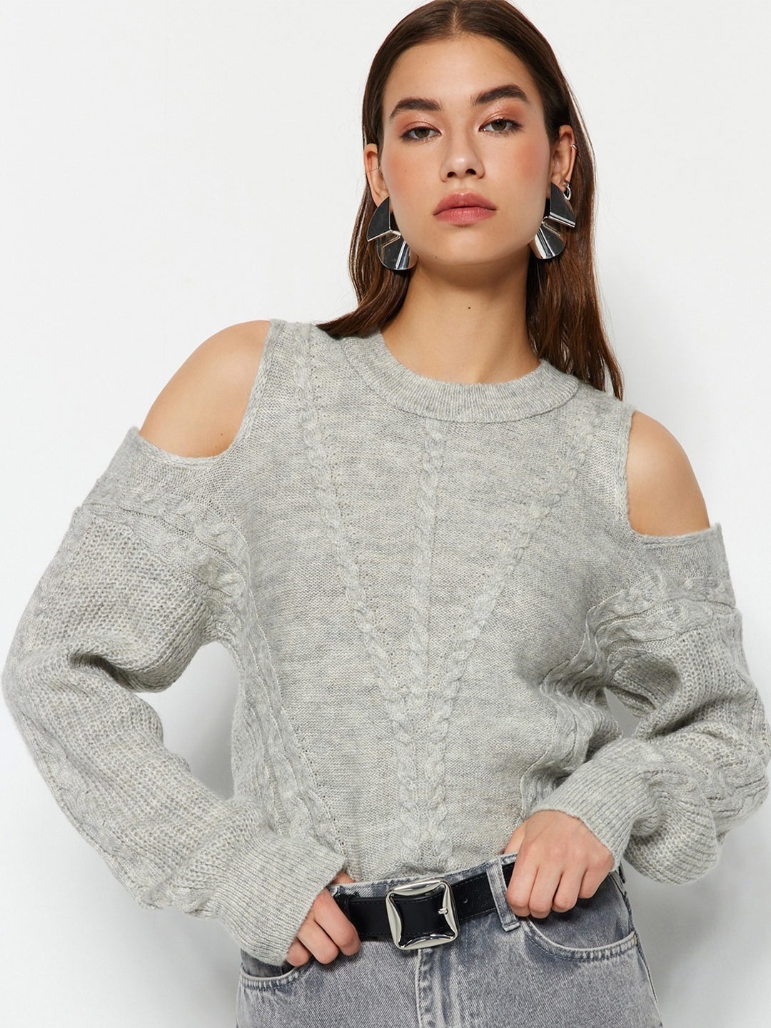 

Trendyol Cable Knit Self Design Ribbed Pullover, Grey