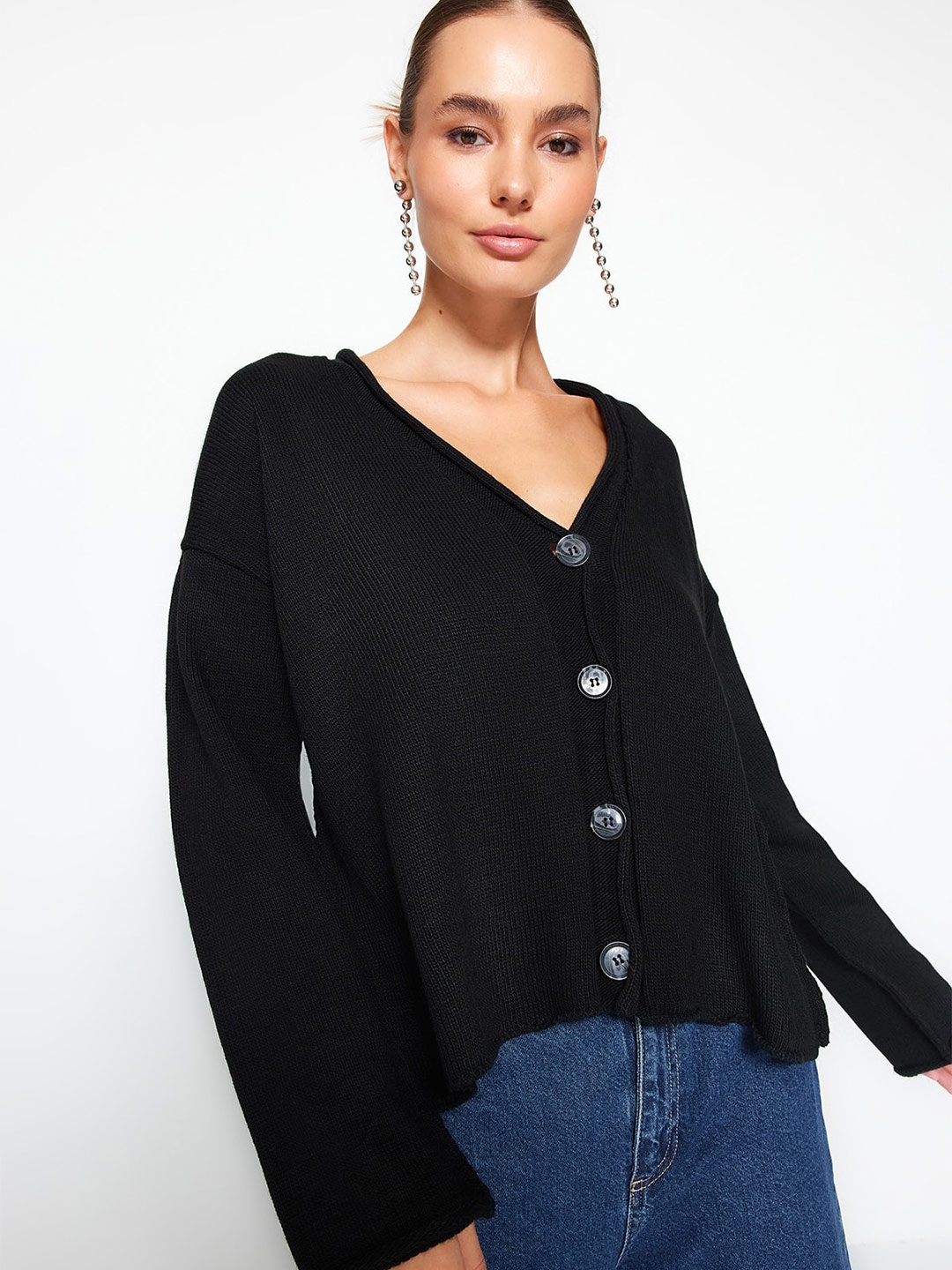 

Trendyol V- Neck Ribbed Cardigan, Black