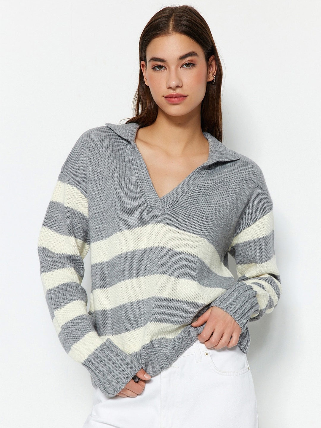 

Trendyol Striped Shirt Collar Acrylic Pullover, Grey