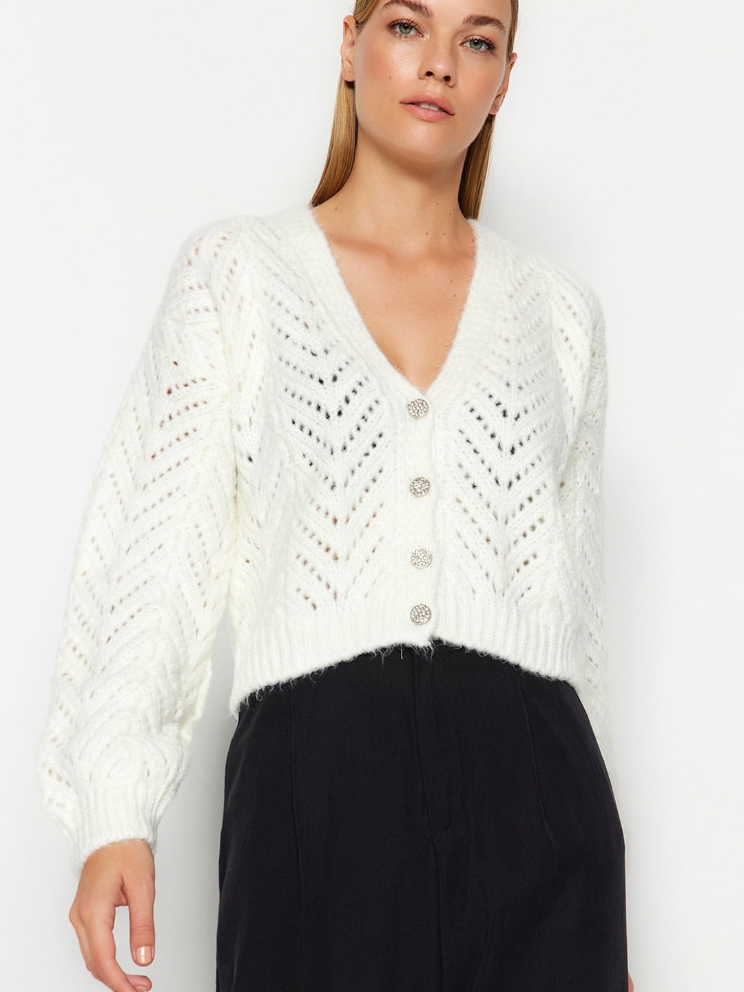 

Trendyol Cable Knit Crop Cardigan, White