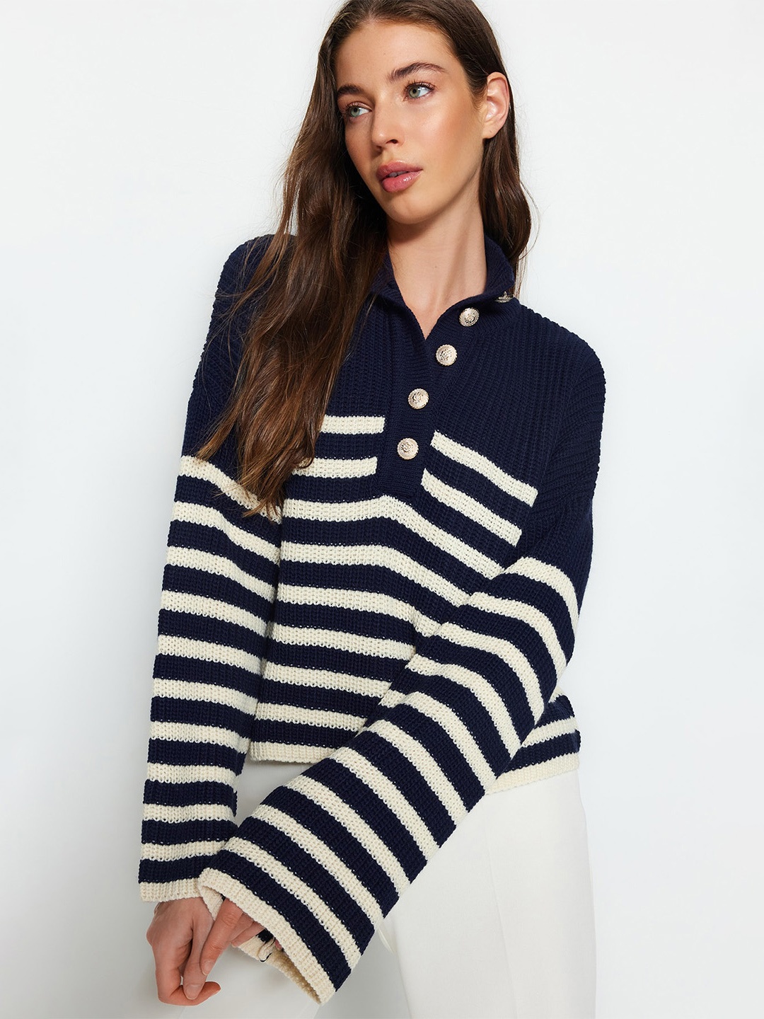 

Trendyol Striped Mock Collar Pullover, Black