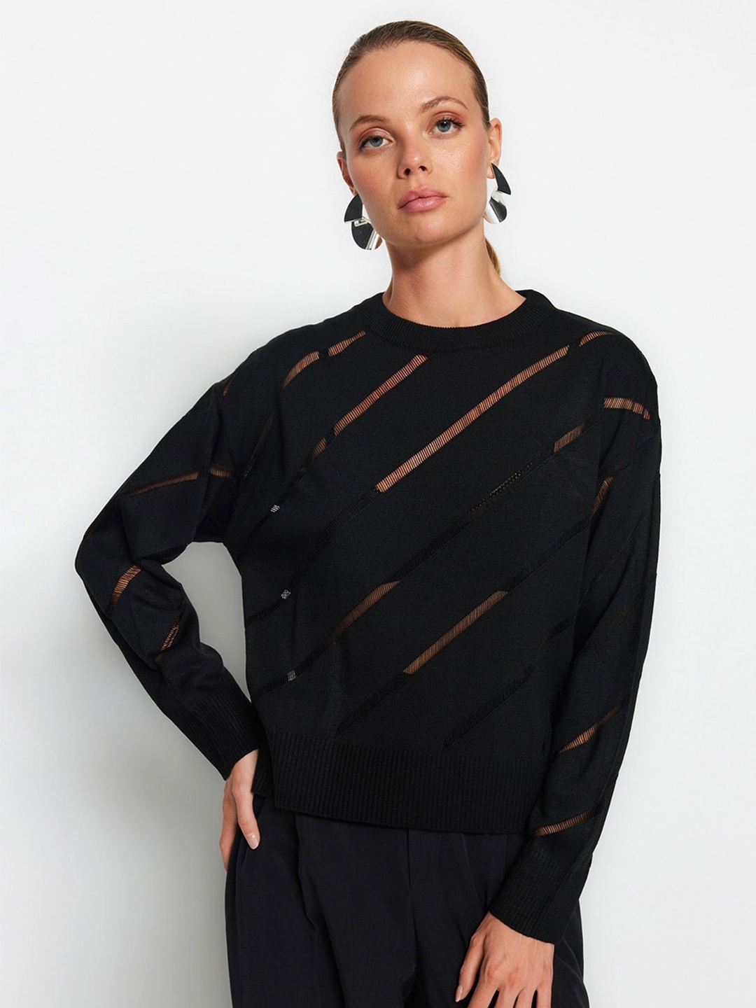 

Trendyol Striped Pure Acrylic Pullover Sweaters, Black