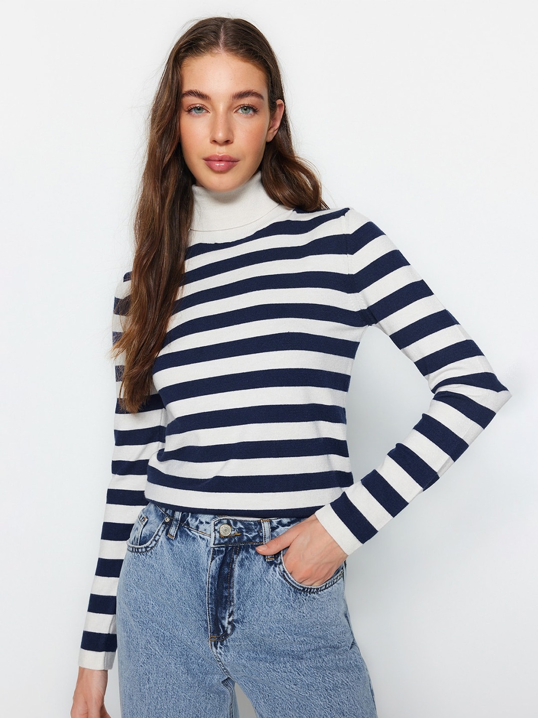

Trendyol Striped Turtle Neck Ribbed Pullover, Black