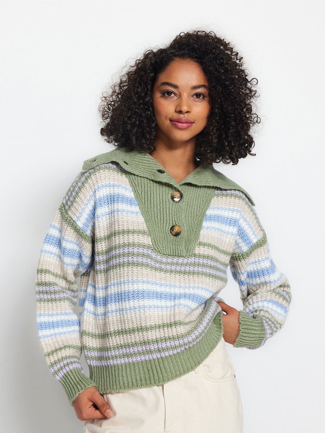 

Trendyol Striped Mock Collar Knitted Pullover, Olive