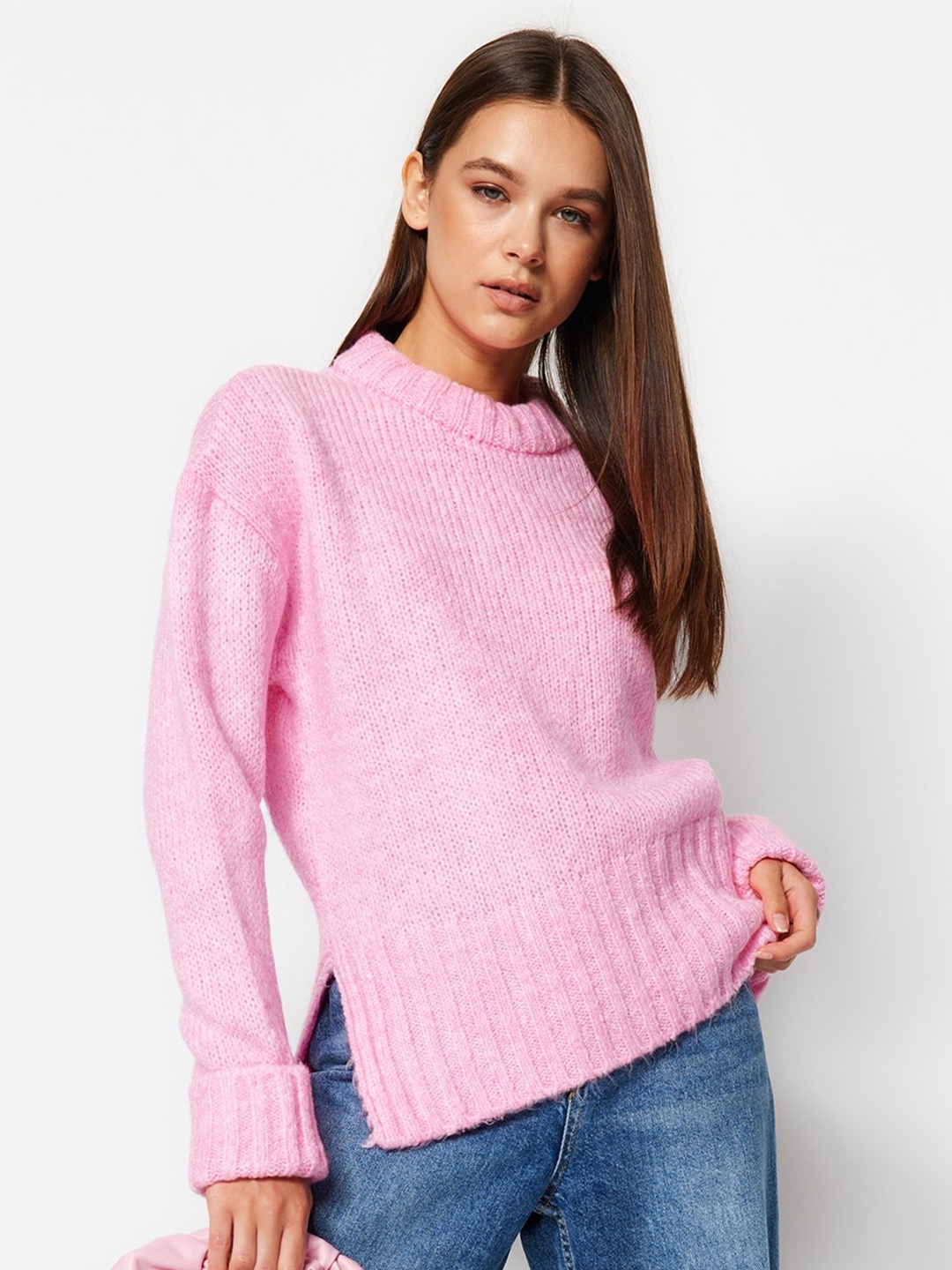 

Trendyol Self Design Ribbed Pullover Sweater, Pink