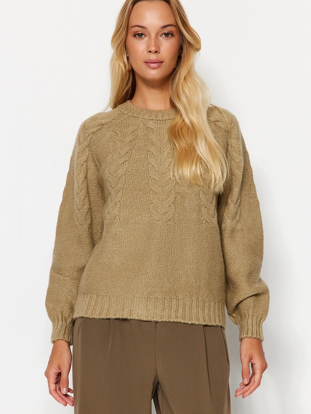 

Trendyol Cable Knit Round Neck Long Sleeves Pullover Sweaters, Brown