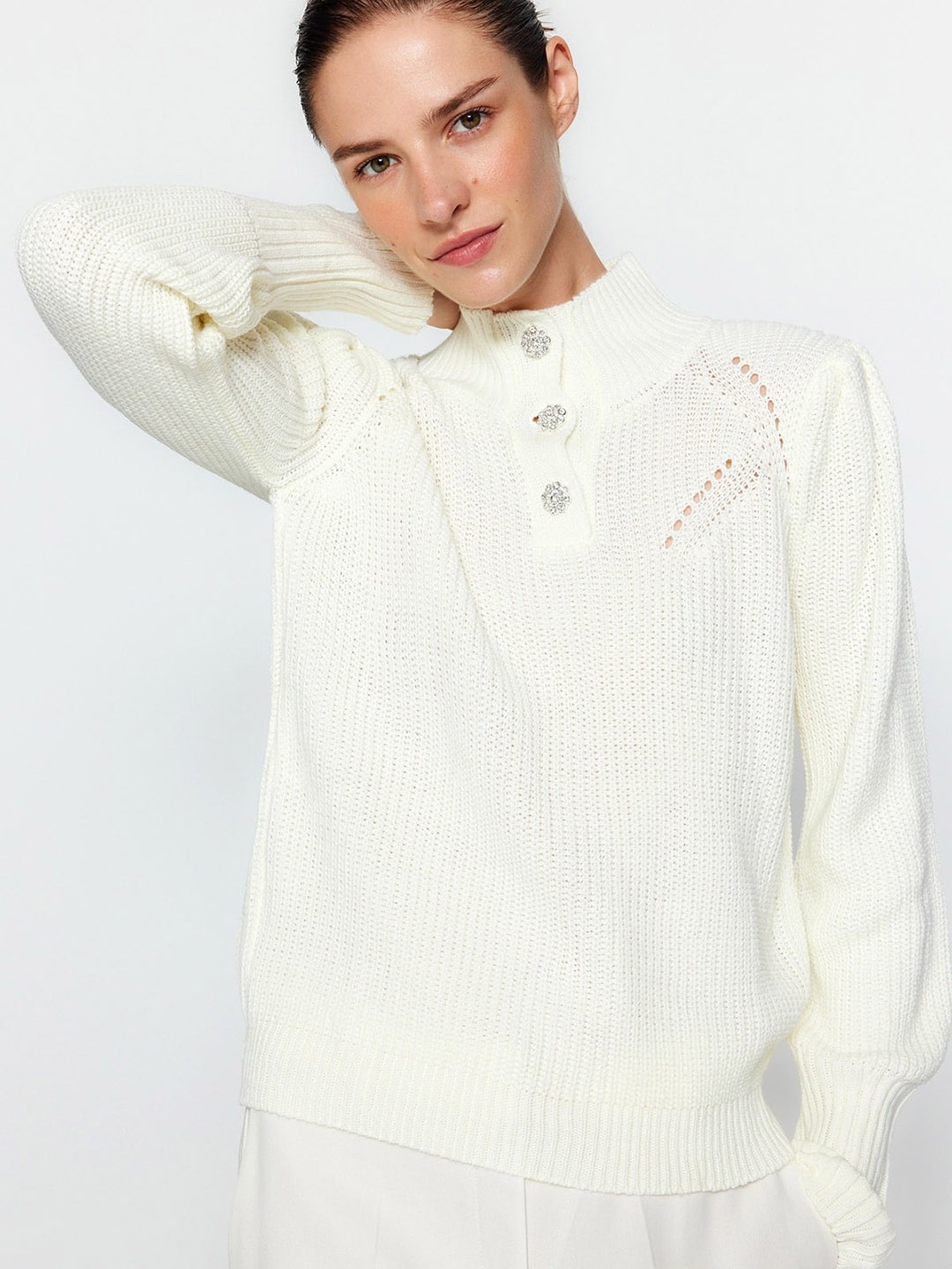 

Trendyol Open Knit Mock Collar Long Sleeves Button Detail Pure Pullover Acrylic Sweaters, White