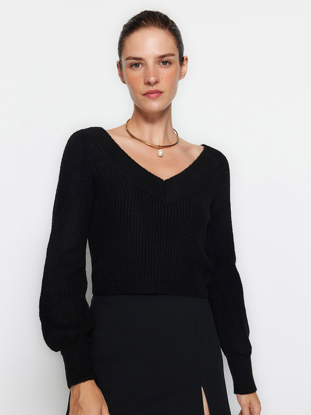 

Trendyol Cable Knit Crop Pullover, Black