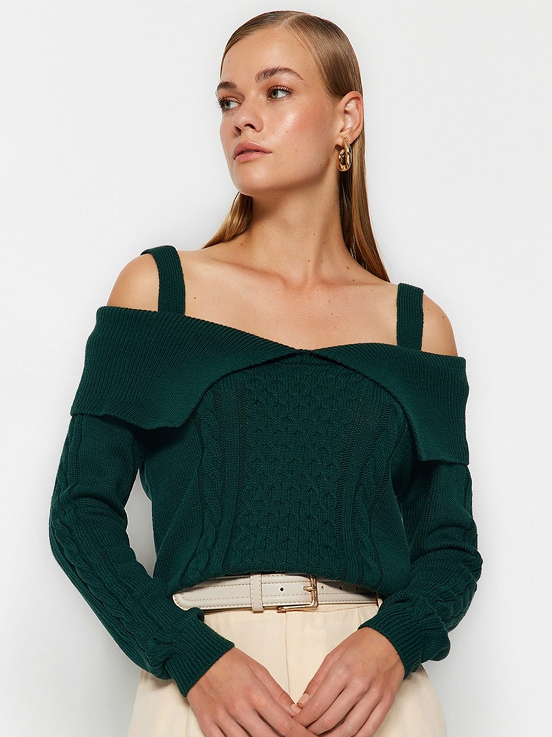 

Trendyol Off Shoulder Acrylic Cable Knit Pullover, Green