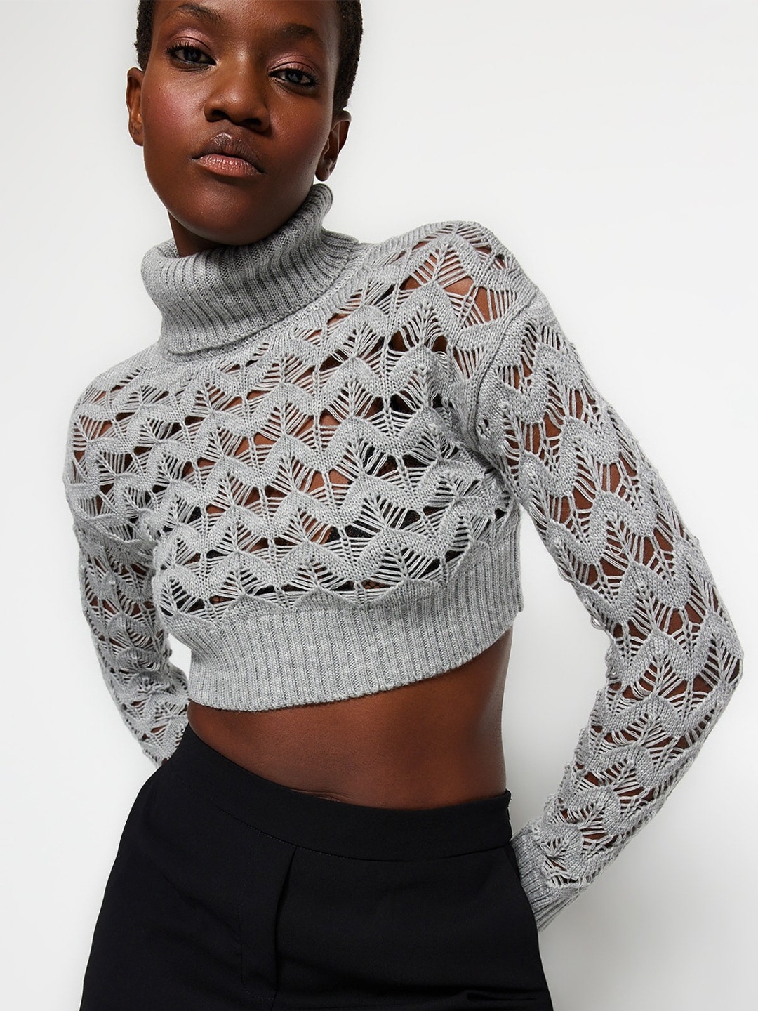 

Trendyol Cable Knit Turtle Neck Pure Acrylic Crop Pullover, Grey