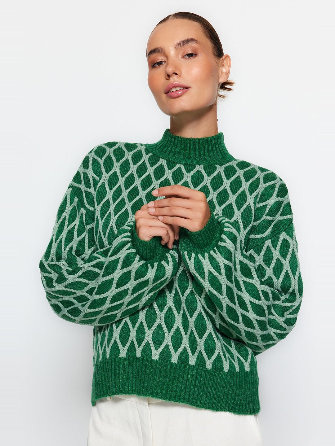 

Trendyol Checked High Neck Pullover, Green