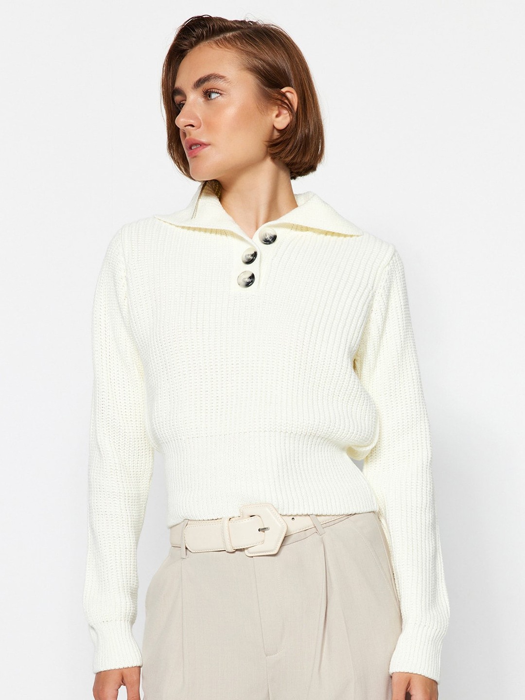 

Trendyol Shirt Collar Self Design Open Knit Acrylic Pullover, White
