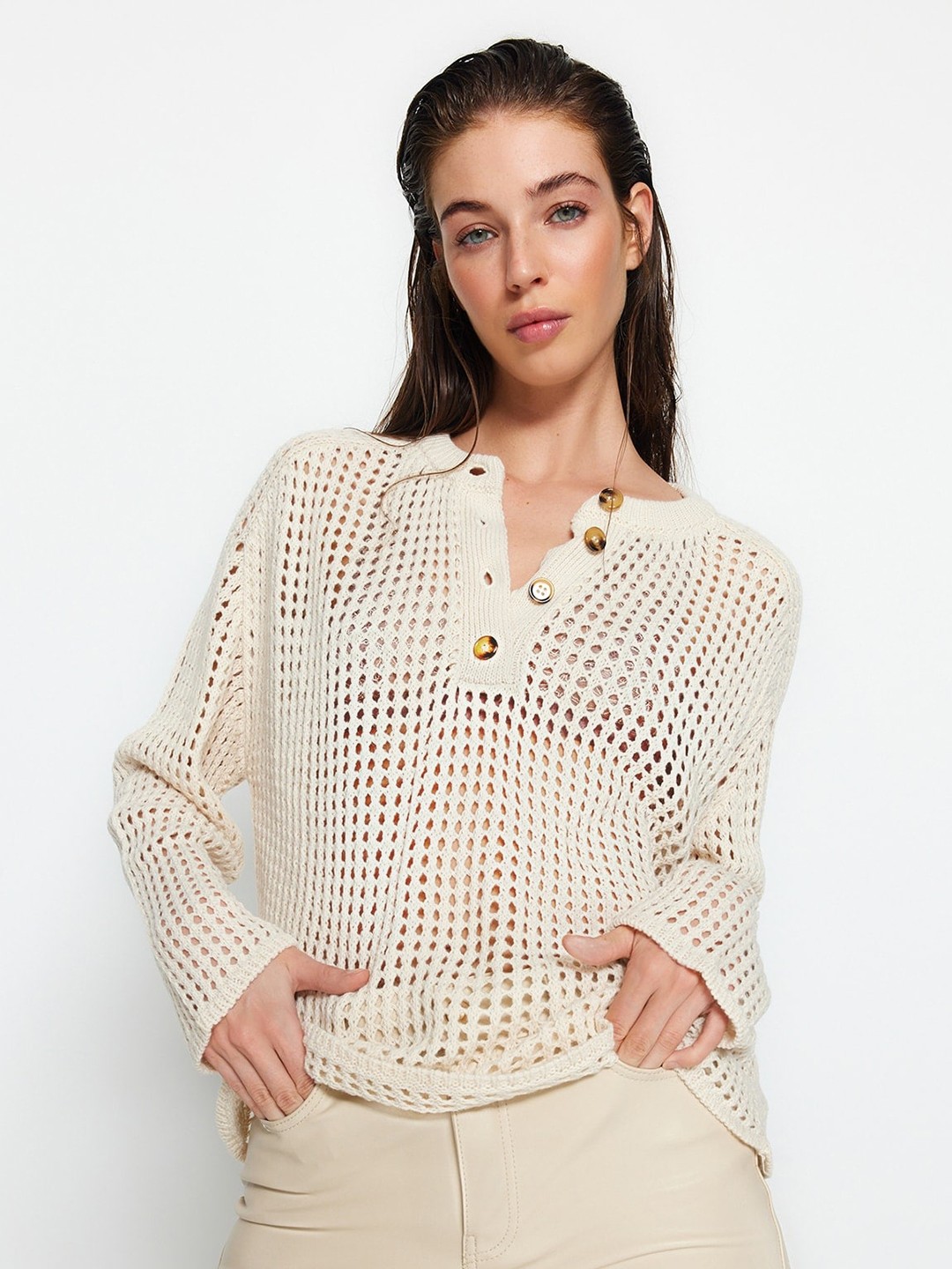 

Trendyol Open Knit Self Design Ribbed Acrylic Pullover, White