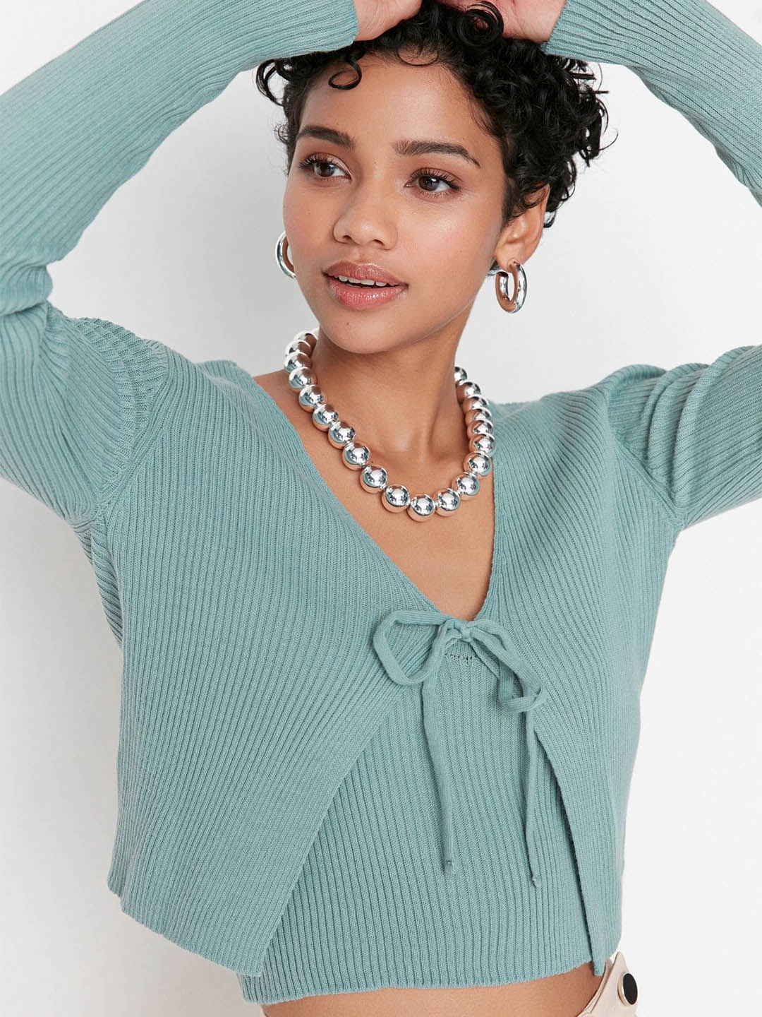 

Trendyol V-Neck Ribbed Pure Acrylic Crop Sweaters, Green