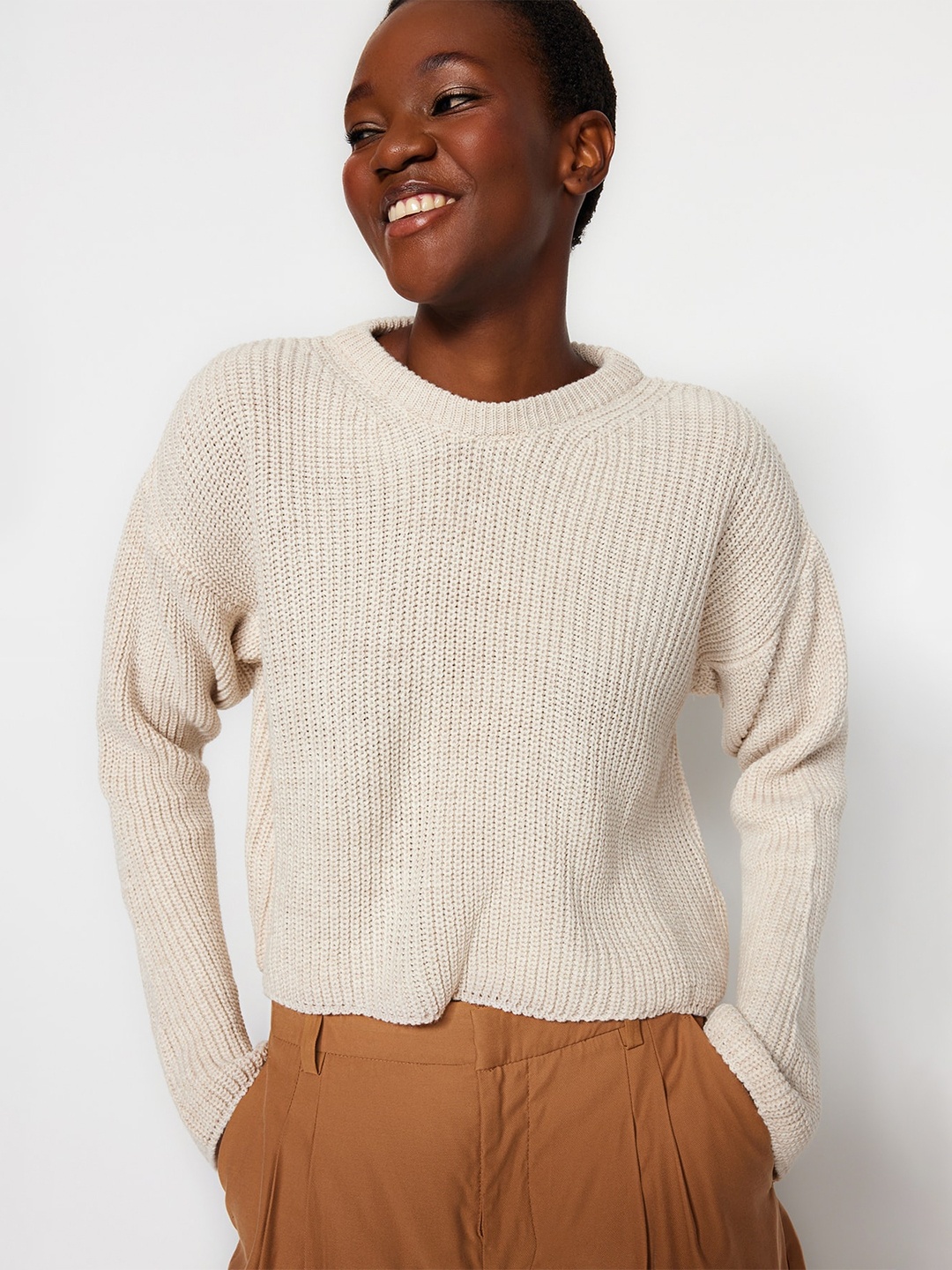 

Trendyol Self Design Open Knit Acrylic Pullover, Beige