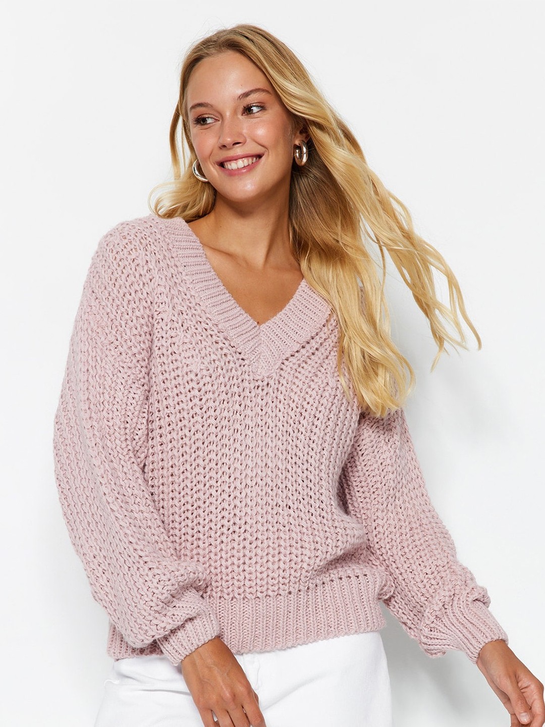 

Trendyol Open Knit V-Neck Pullover, Pink