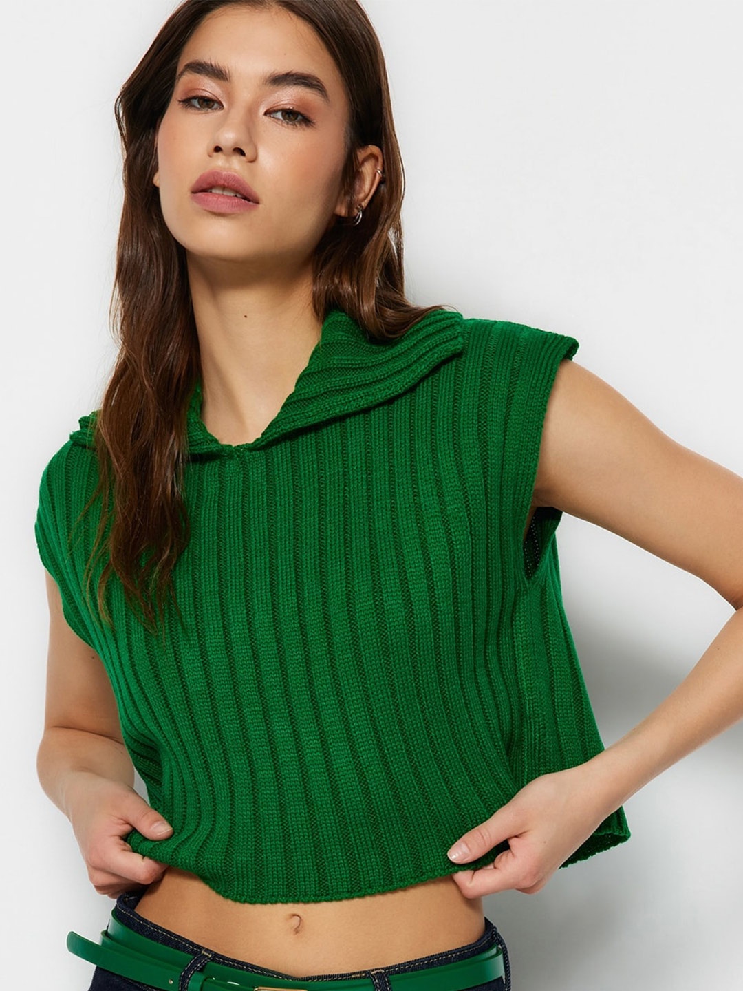 

Trendyol Ribbed Shirt Collar Crop Pullover Sweater, Green