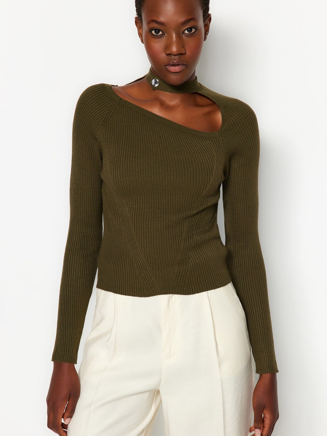 

Trendyol Striped High Neck Fitted Top, Green
