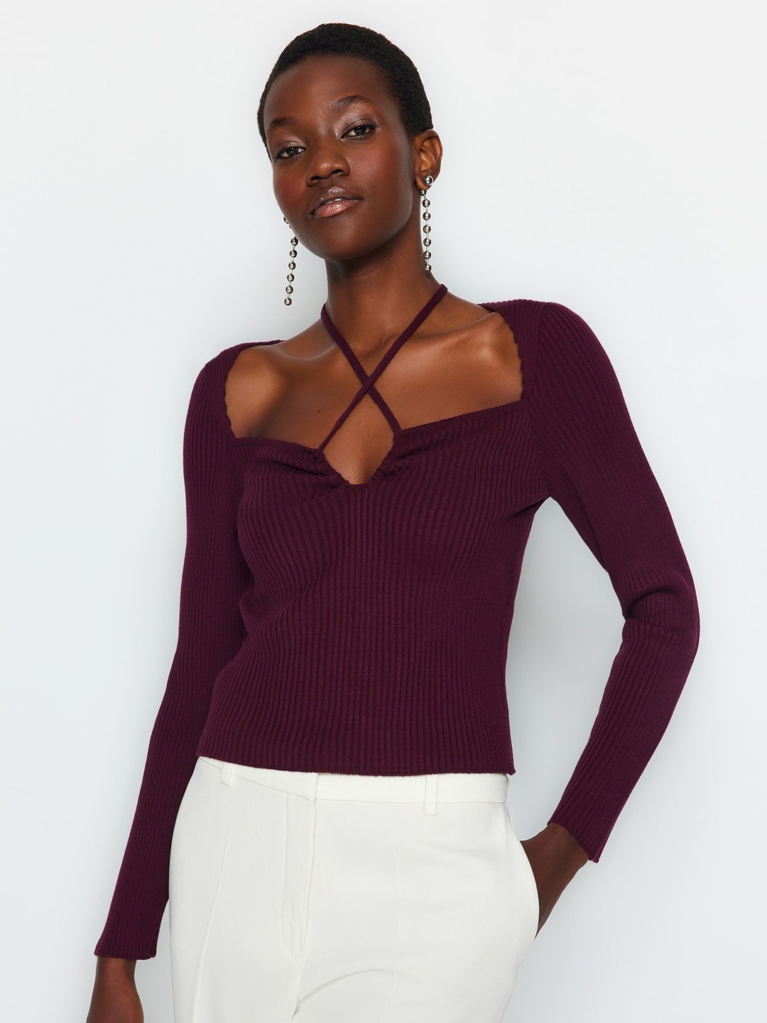 

Trendyol Ribbed Square Neck Acrylic Pullover, Purple