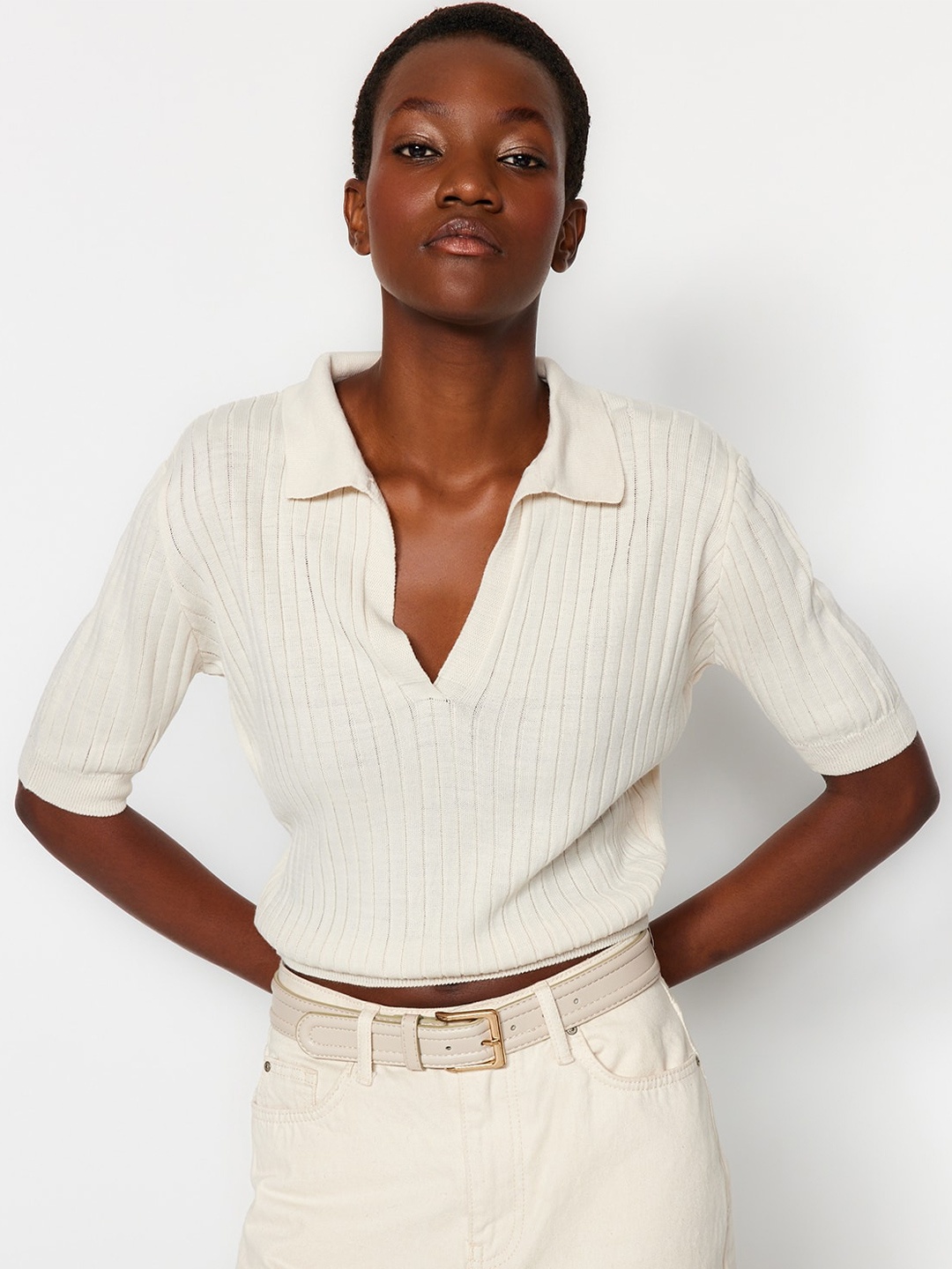 

Trendyol Ribbed Shirt Collar Crop Acrylic Pullover Sweater, Beige