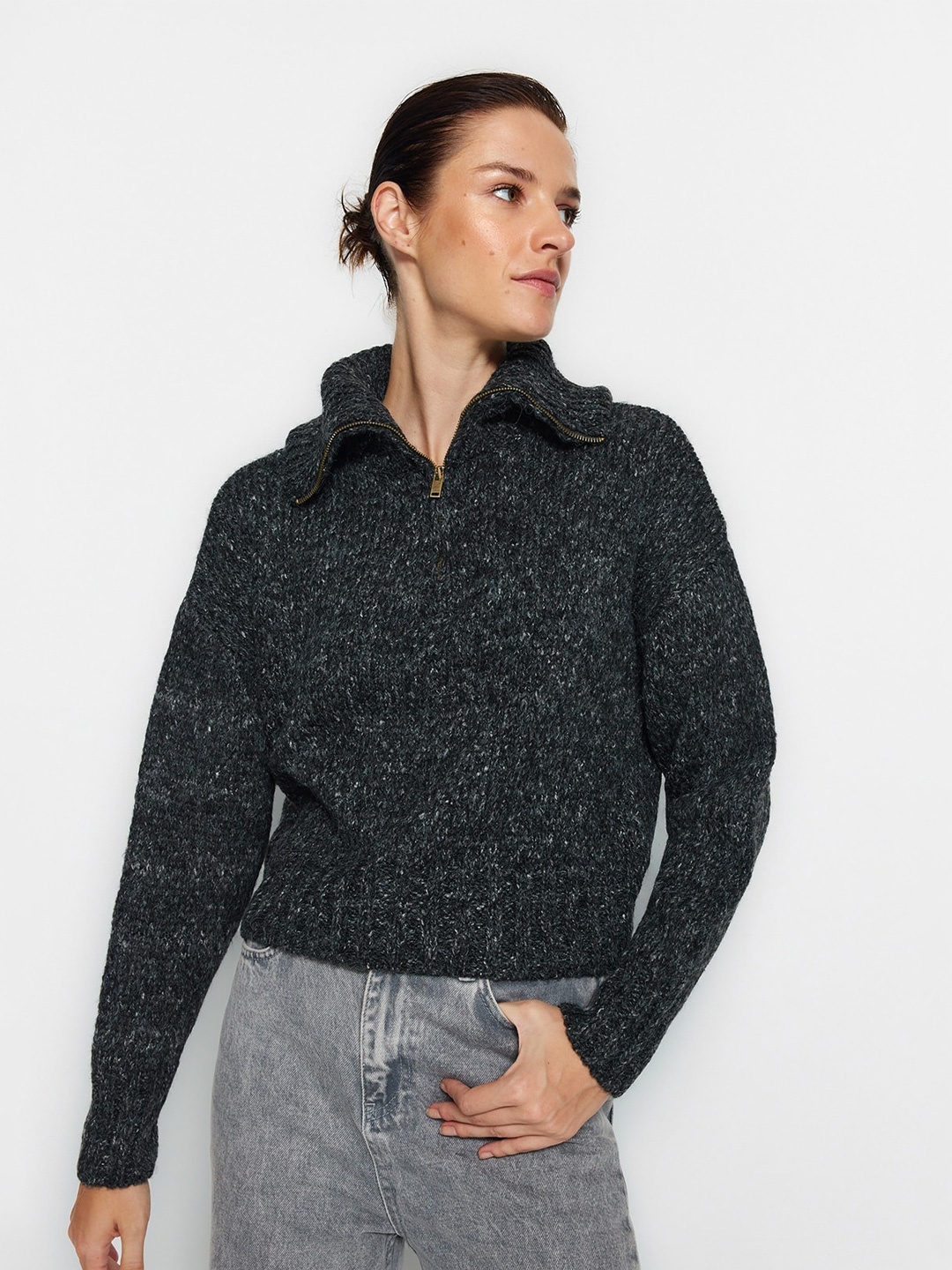 

Trendyol Mock Collar Cable Knit Pullover, Charcoal