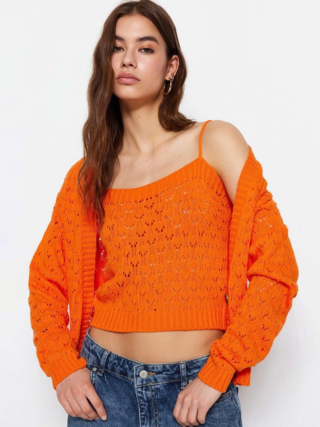 

Trendyol Cable Knit Acrylic Cardigan, Orange