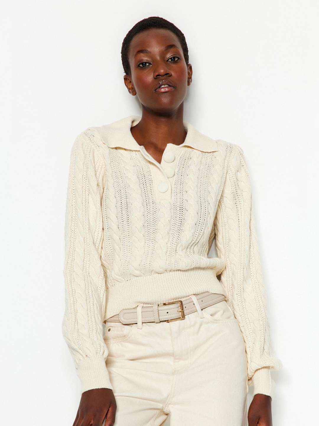 

Trendyol Open Knit Shirt Collar Acrylic Sweater, White