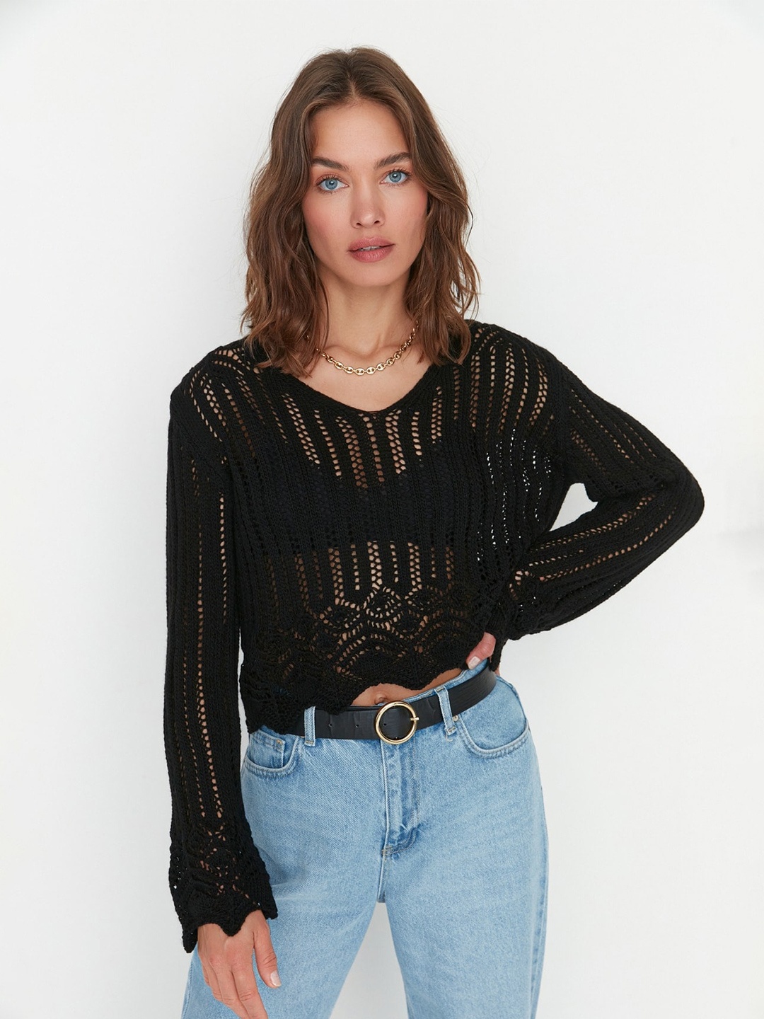 

Trendyol Self Design Open Knit Acrylic Pullover, Black