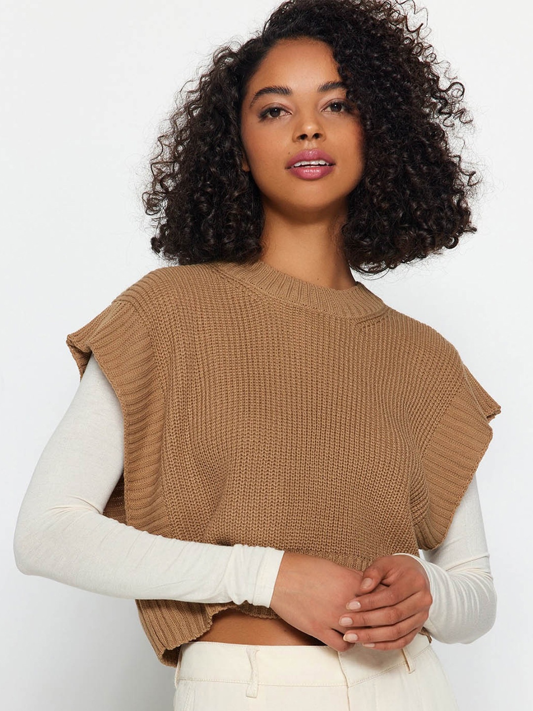 

Trendyol Cable Knit Acrylic Crop Pullover, Brown