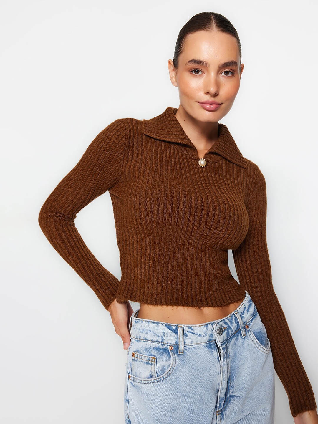 

Trendyol Ribbed Crop Pullover Sweater, Brown