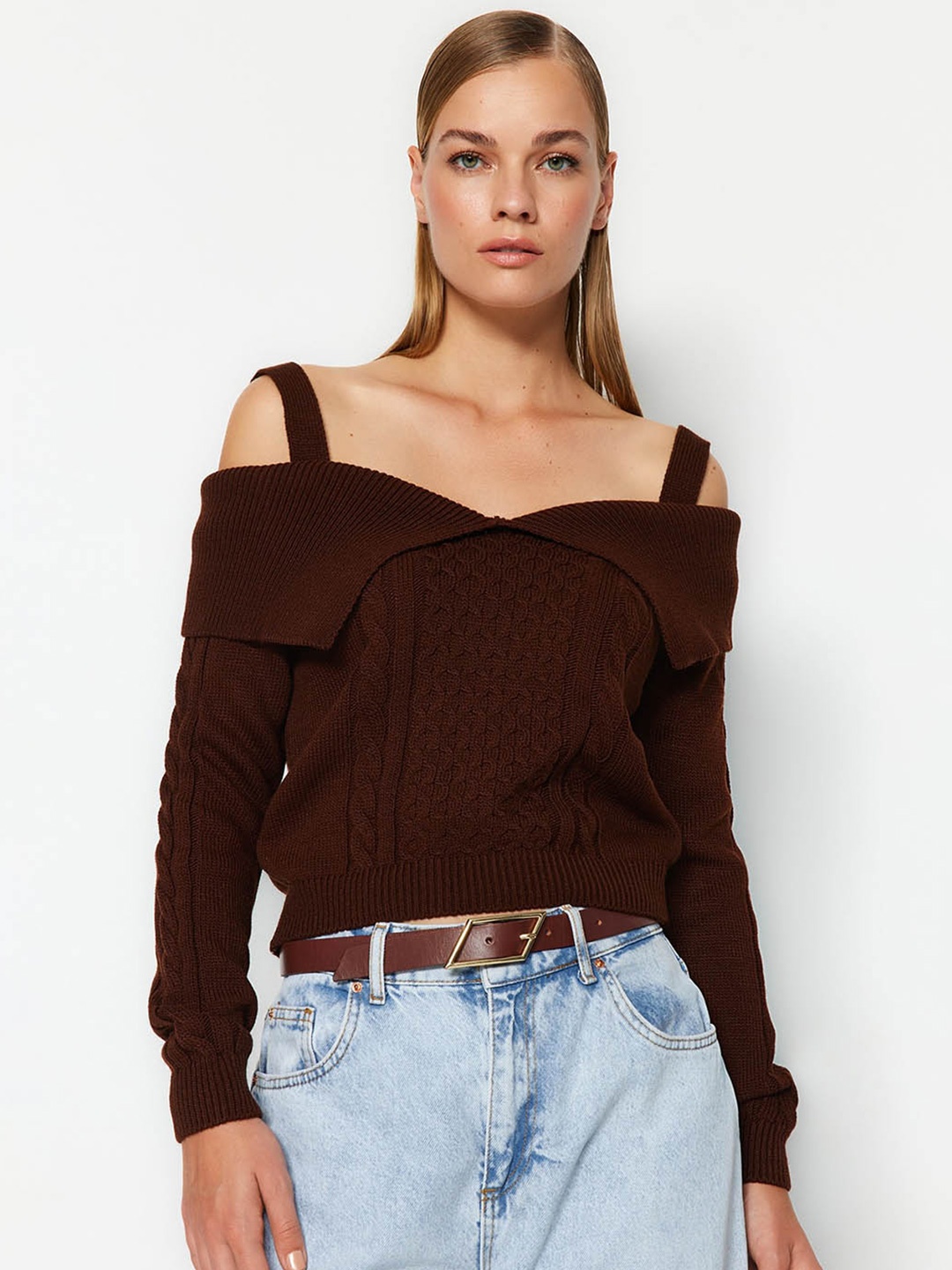 

Trendyol Self Design Off-Shoulder Acrylic Pullover Sweater, Brown