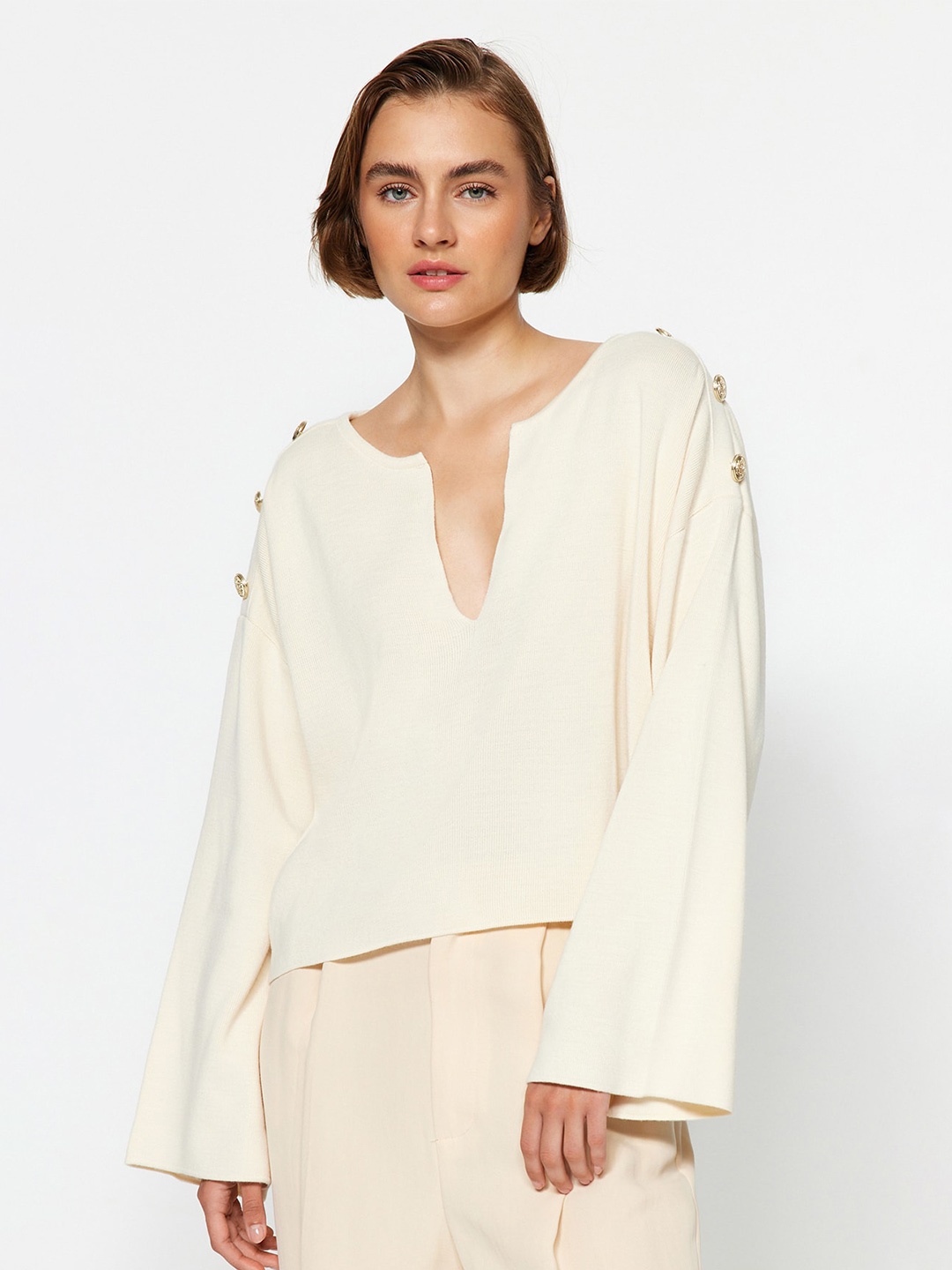 

Trendyol Notched Neck Pullover Acrylic Sweater, Cream