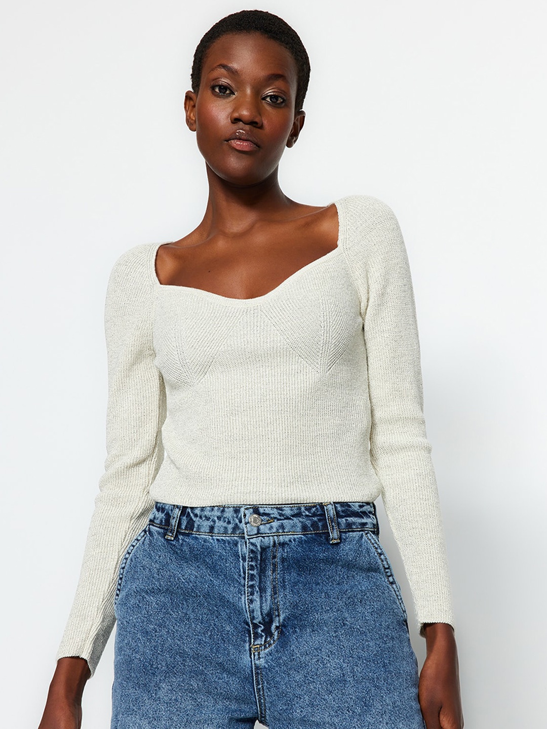 

Trendyol Sweetheart Neck Long Sleeves Pullover, Cream
