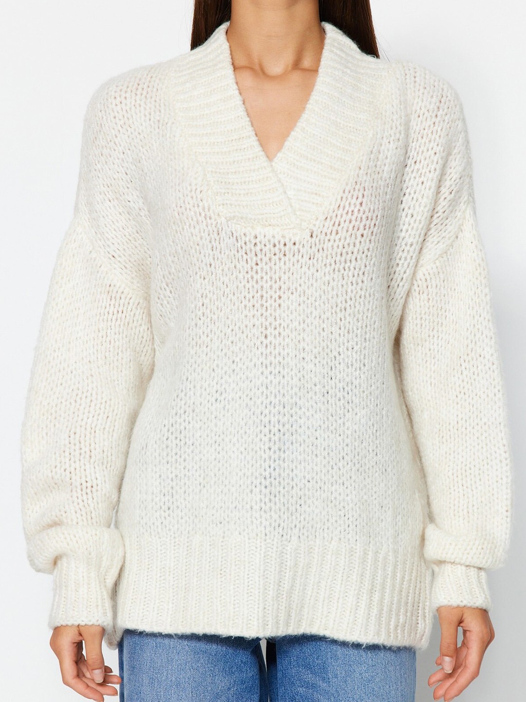 

Trendyol Open Knit V-Neck Pullover, Cream