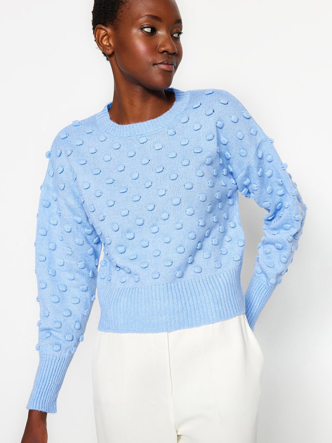 

Trendyol Cable Knitted Self Design Round Neck Pullover Sweaters, Blue