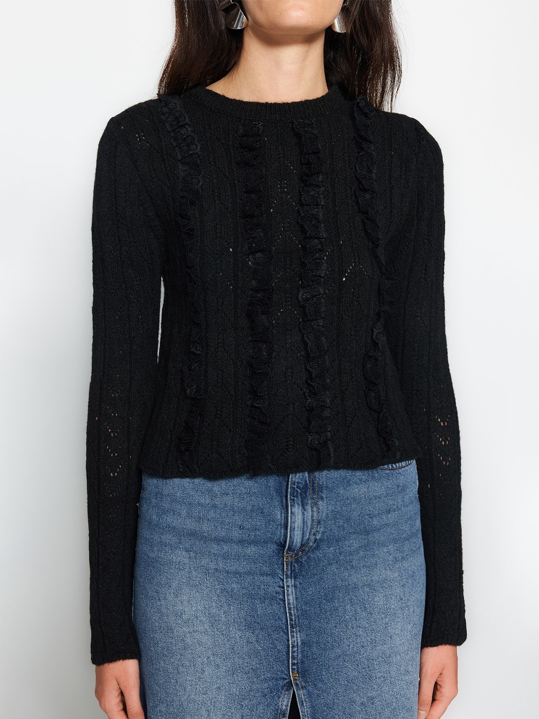

Trendyol Round Neck Self Design Pullover Sweater, Black