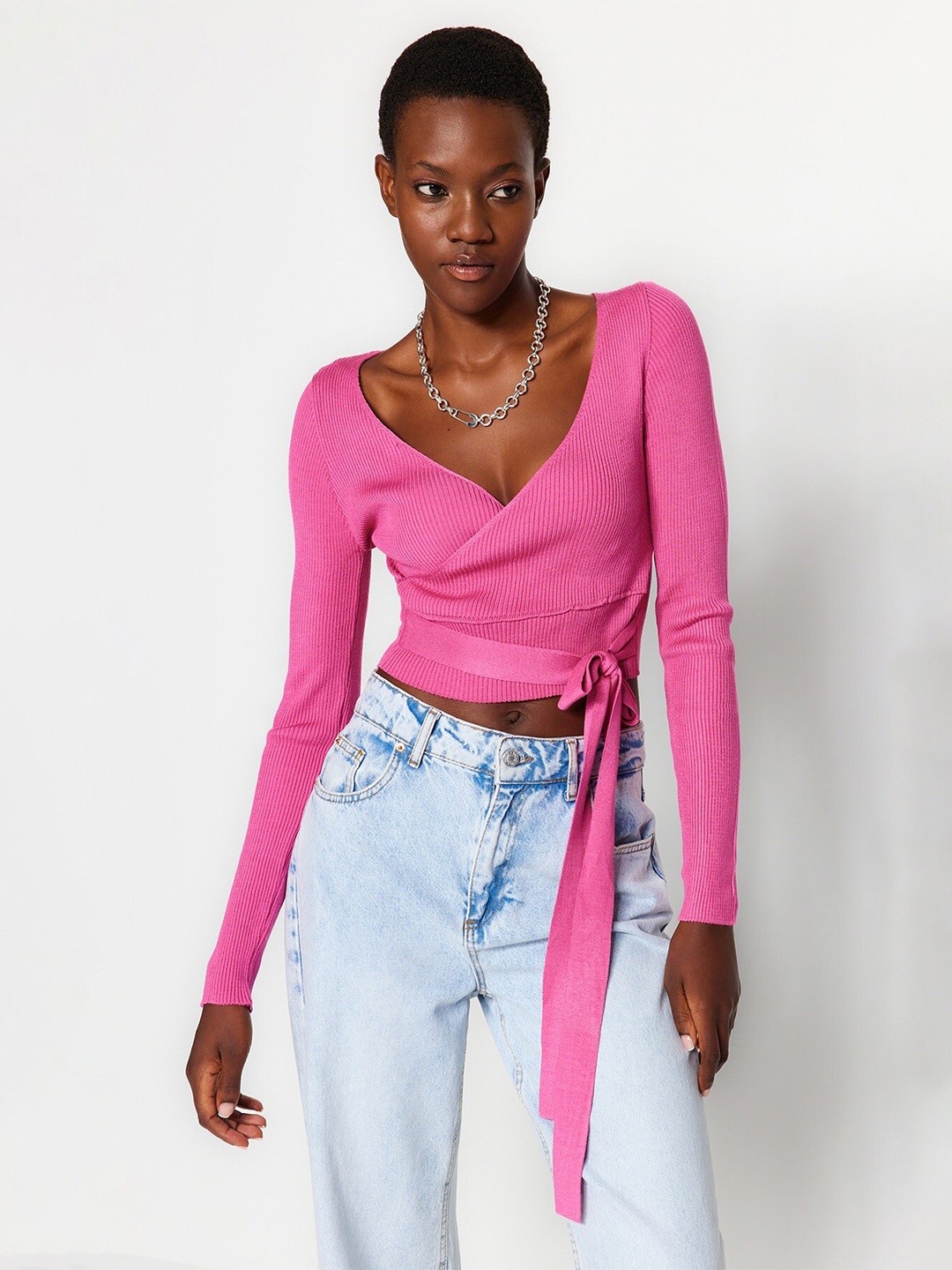

Trendyol Ribbed Crop Wrap Pullover Sweaters, Pink