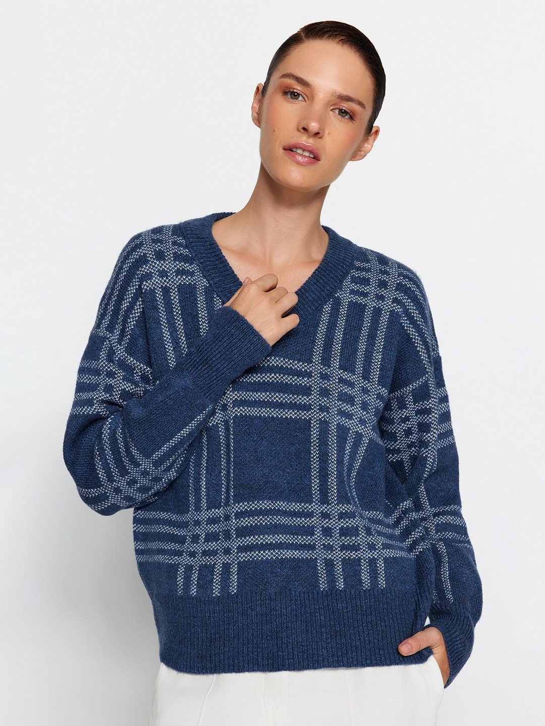 

Trendyol Checked Ribbed Pullover, Blue