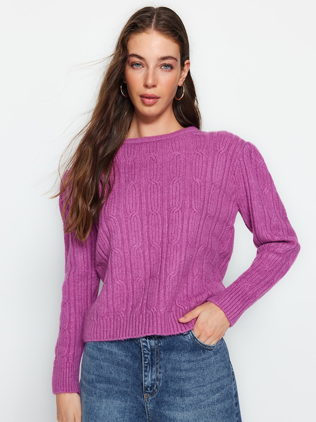 

Trendyol Cable Knit Self Design Ribbed Pullover, Purple