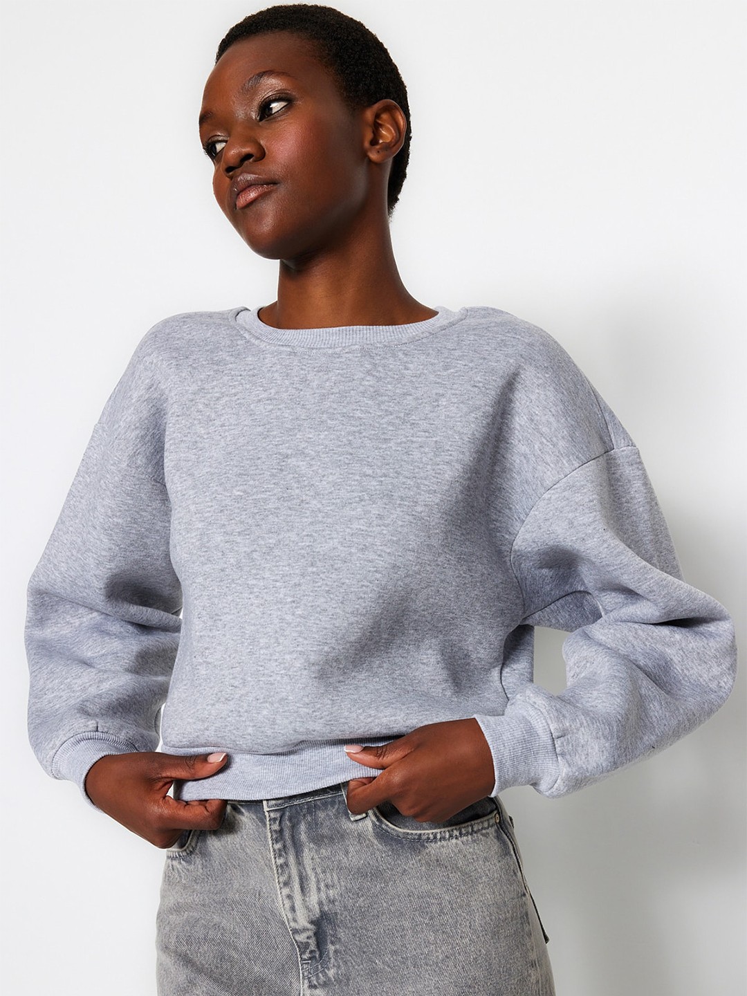 

Trendyol Ribbed Pure Cotton Pullover Sweatshirt, Grey melange