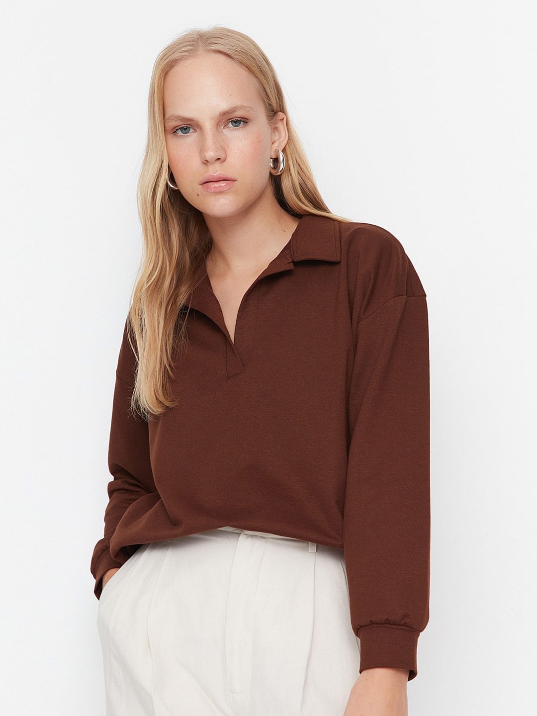 

Trendyol Shirt Collar Pullover Sweatshirt, Brown