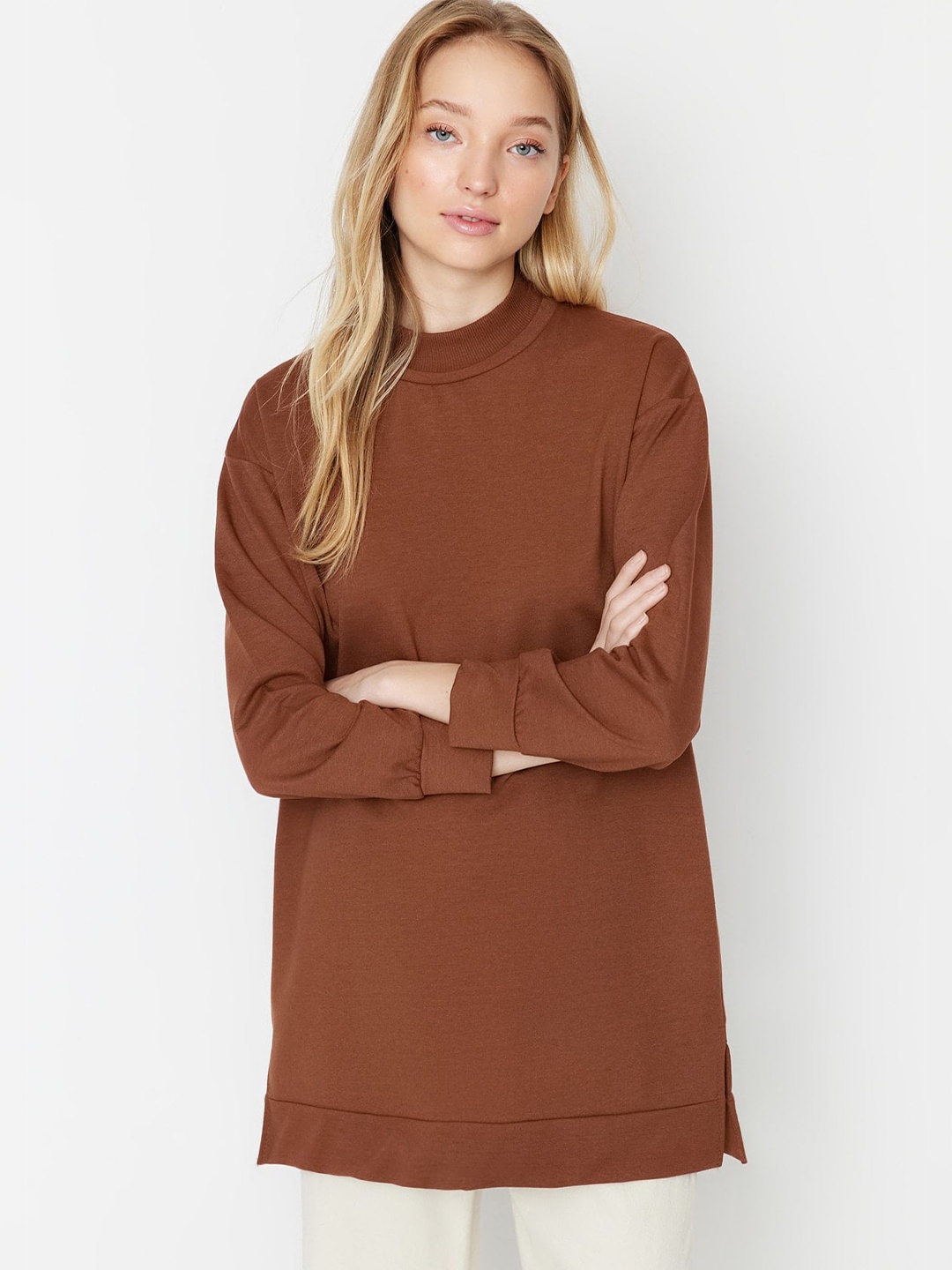 

Trendyol Drop Shoulder Sleeves Longline Sweatshirt, Brown