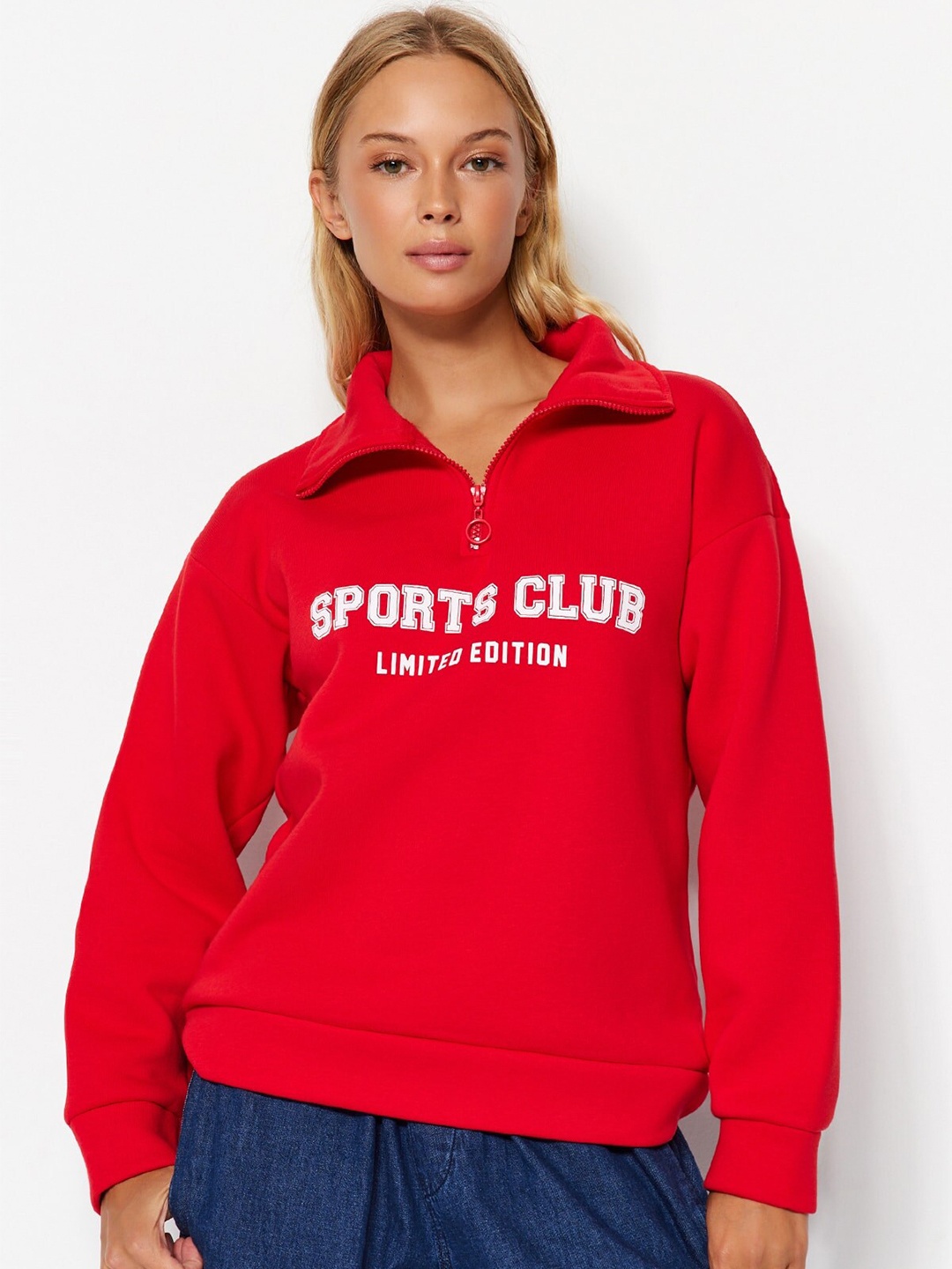 

Trendyol Typography Printed Shirt Collar Pullover Sweatshirt, Red