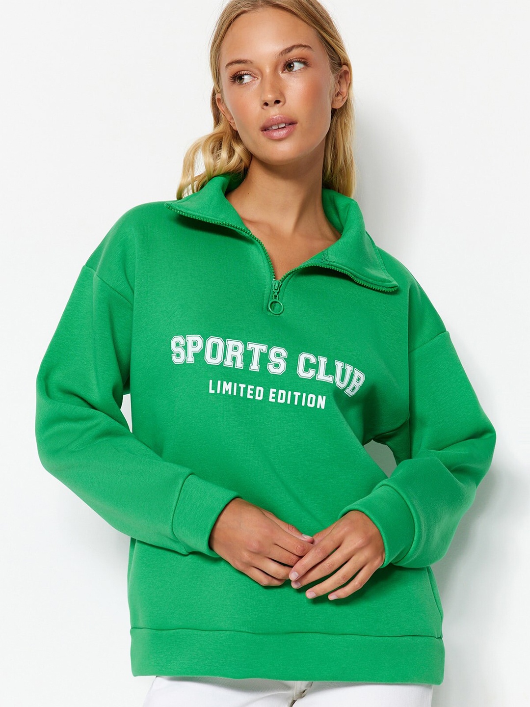 

Trendyol Typography Printed Mock Neck Sweatshirt, Green