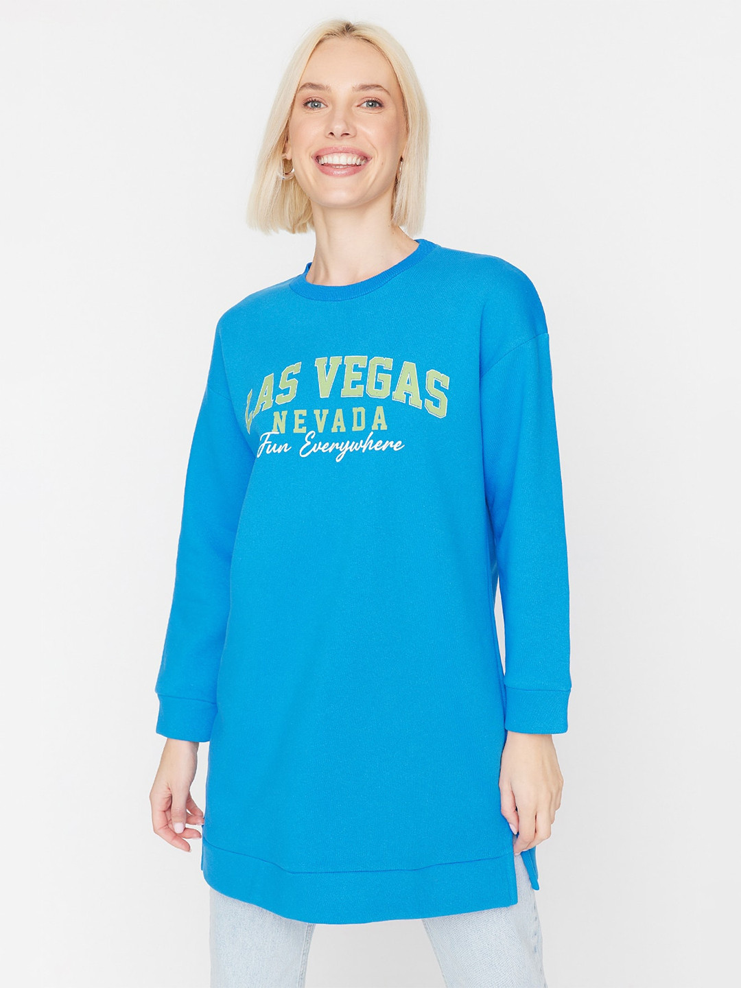 

Trendyol Typography Printed Longline Pullover Sweatshirt, Blue