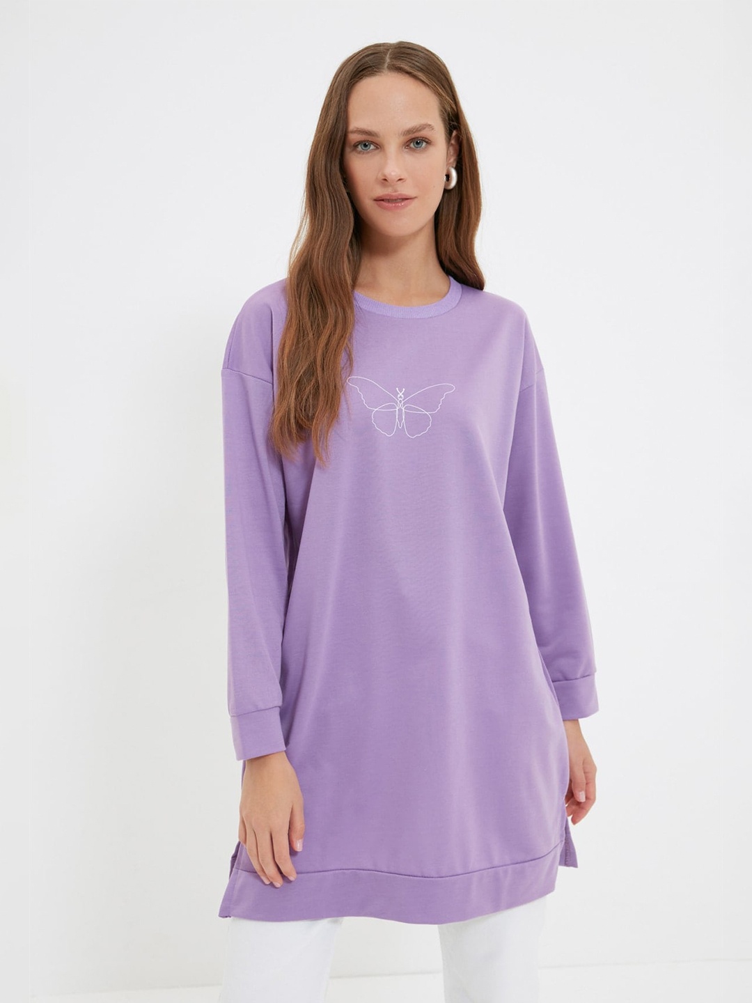 

Trendyol Conversational Printed Cotton Pullover, Purple