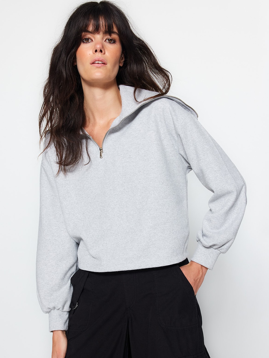 

Trendyol Shirt Collar Long Sleeves Sweatshirt, Grey